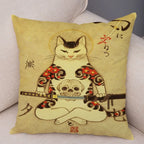 Samurai Cat Cushion Cover — Vintage Japanese Tattoo Art
