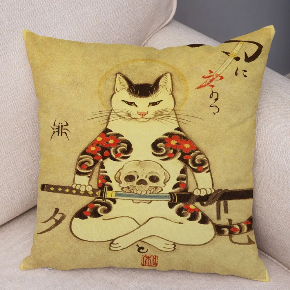 Vintage Japanese Samurai Cat Tattoo Cushion Cover Decor Retro Animal Pillowcase Sofa Home Car