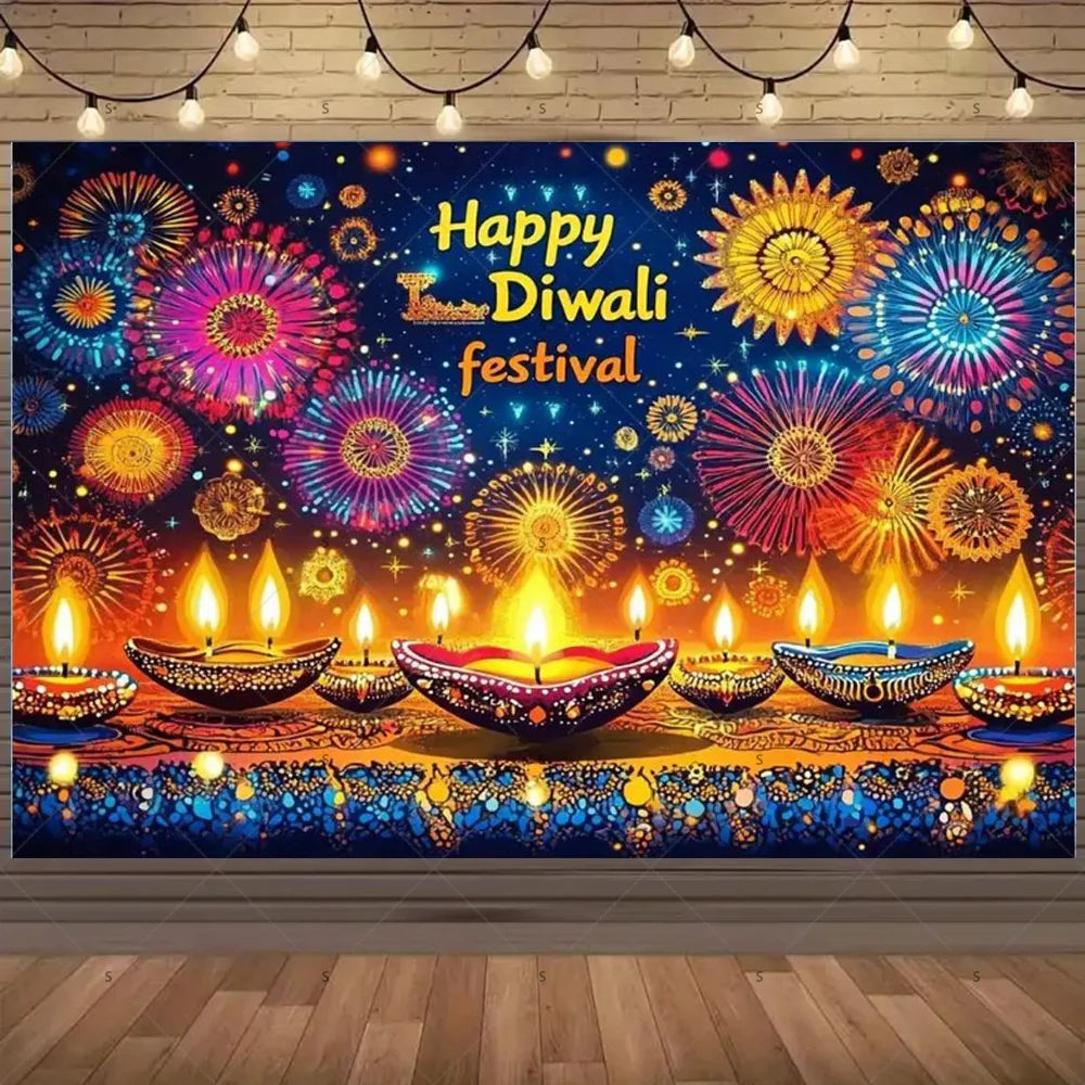 Happy Diwali Backdrop — Diya & Lotus Festival Photo Banner, 25 Designs