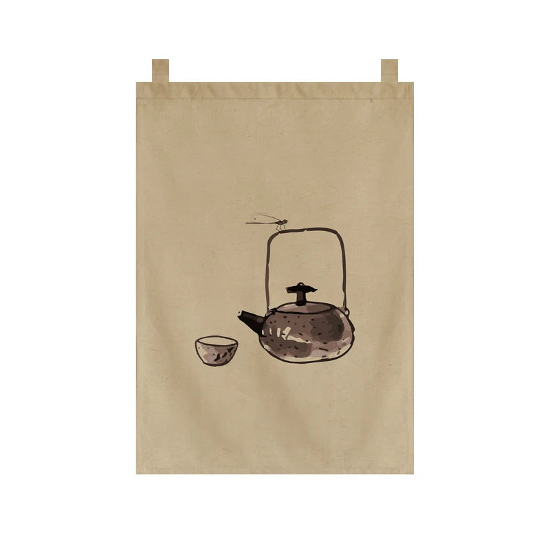 Japanese Tea Room Noren Curtain — Koi Fish & Kanji Calligraphy Panel Set