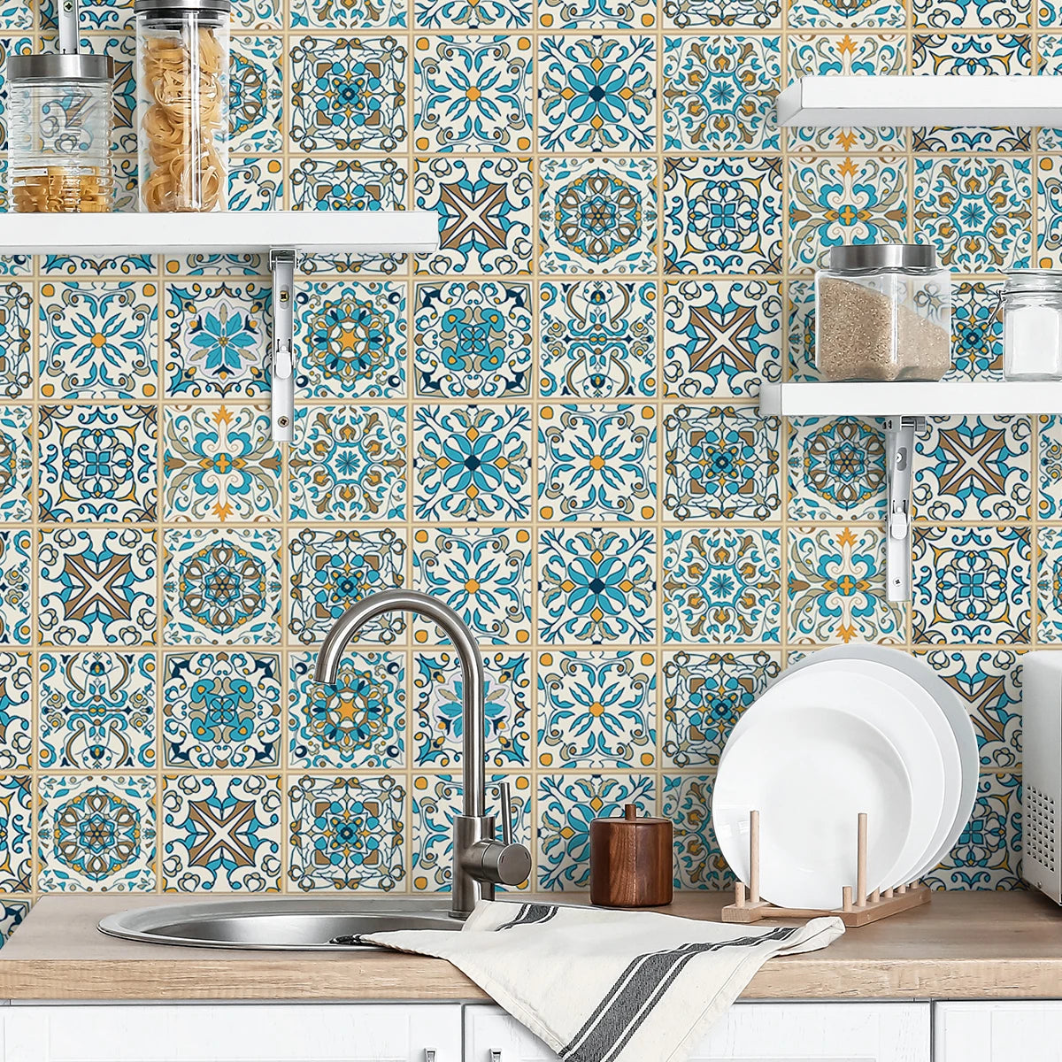 Moroccan Vintage Floral Tile Stickers, Self-Adhesive Moisture-Resistant, Removable Vinyl Home Decor for Kitchens, Bathrooms