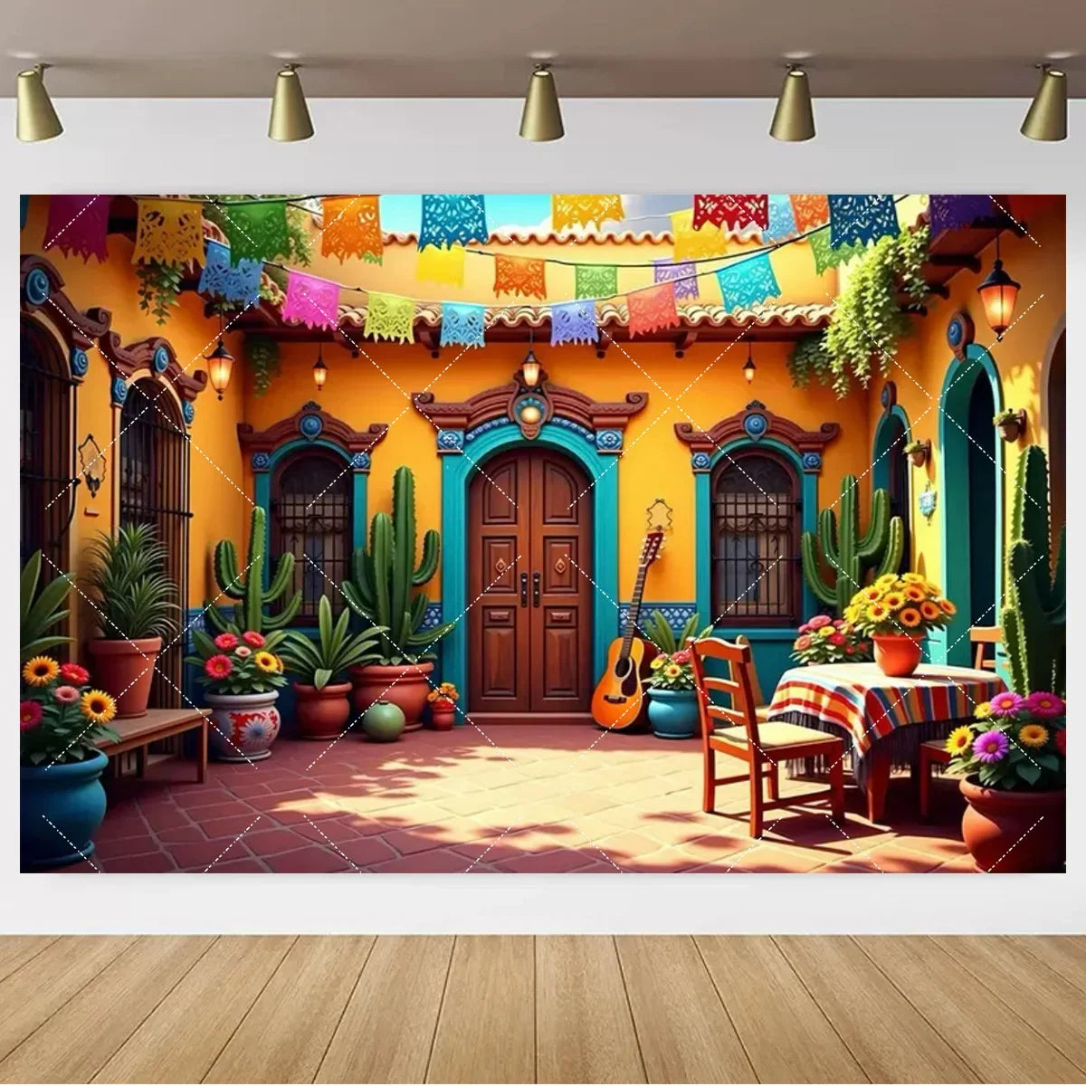 Mexican Fiesta Photo Backdrop — Cinco de Mayo Cactus & Guitar Party Banner