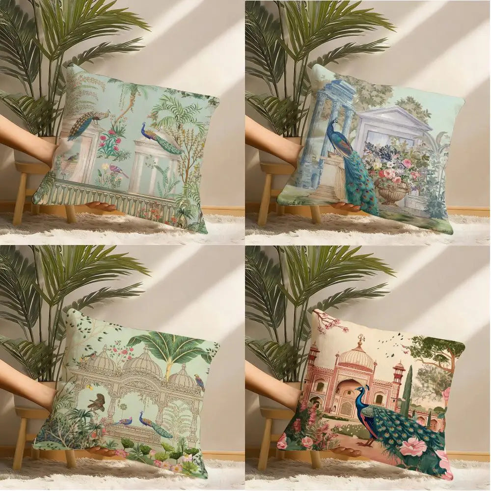 Taj Mahal Peacock Garden Cushion Cover — Mughal-Inspired Decorative Pillowcase