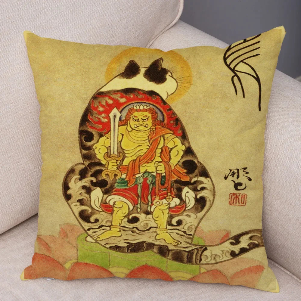 Vintage Japanese Samurai Cat Tattoo Cushion Cover Decor Retro Animal Pillowcase Sofa Home Car