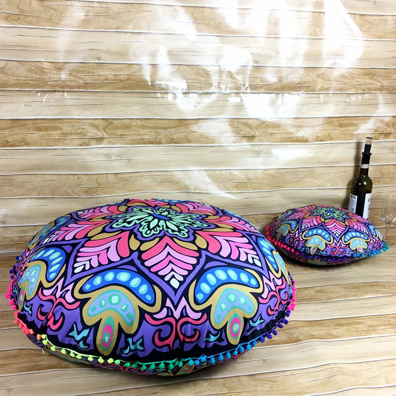 Indian Mandala Round Floor Cushion Cover — Boho Pom-Pom Pouf Cover