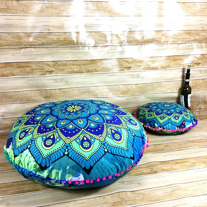 Indian Mandala Round Floor Cushion Cover — Boho Pom-Pom Pouf Cover