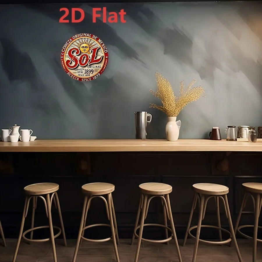 2D Flat "Sol Cerveza Original" Round Tin Sign - Vintage Mexican Beer Sun Logo Metal Wall Decor for Bar, Man Cave, Garage, Beer L