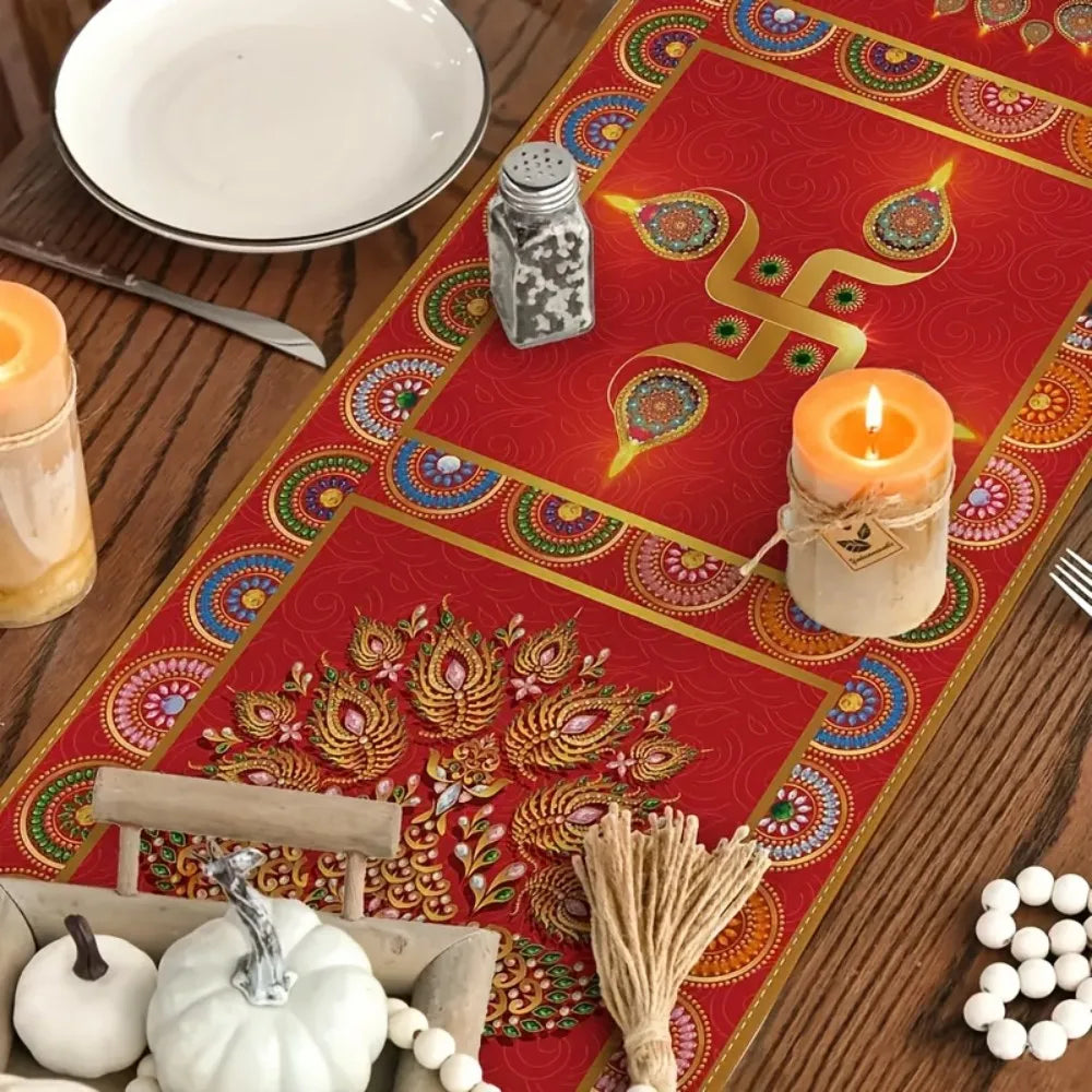 Diwali Elephant Table Runner — Red & Gold Festive Décor