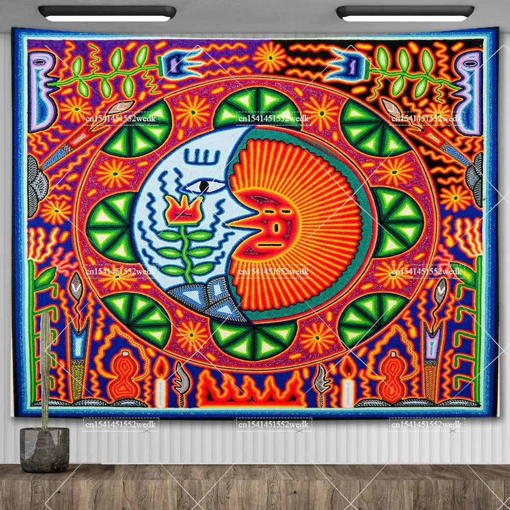 Huichol-Inspired Mexican Yarn Art Tapestry Wall Hanging – Vibrant Mandala Home Decor
