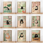 Japanese Ukiyo-e Style Funny Black Cat Bathroom Poster Print Canvas Painting Wall Art Picture for Kitchen Bathroom Home Decor