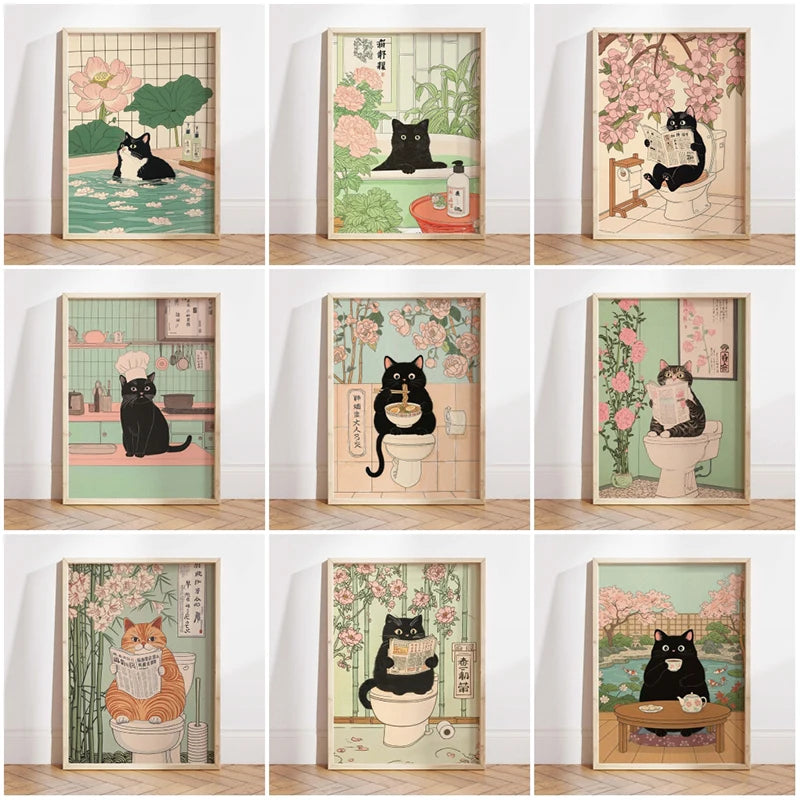 Japanese Ukiyo-e Style Funny Black Cat Bathroom Poster Print Canvas Painting Wall Art Picture for Kitchen Bathroom Home Decor