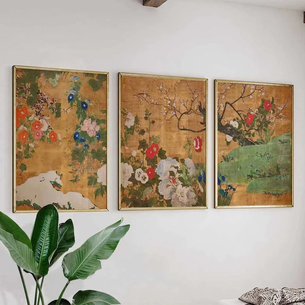 Japanese Gold Screen Floral Canvas Set of 3 – Rinpa-Style Botanical Wall Art, Japanese Home Decor