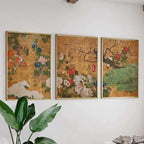 Japanese Gold Screen Floral Canvas Set of 3 – Rinpa-Style Botanical Wall Art, Japanese Home Decor