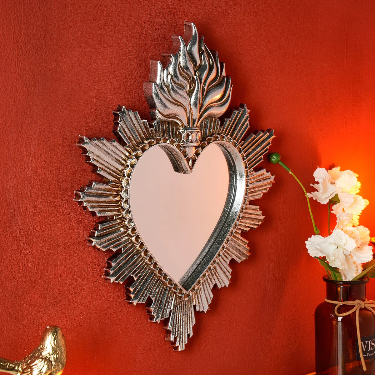 Sagrado Corazón Sacred Heart Hanging Mirror — Flame Heart Wall Pendant