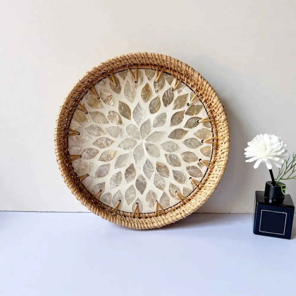 Capiz Shell Mosaic Woven Rattan Tray — Filipino-Inspired Wall & Serving Décor
