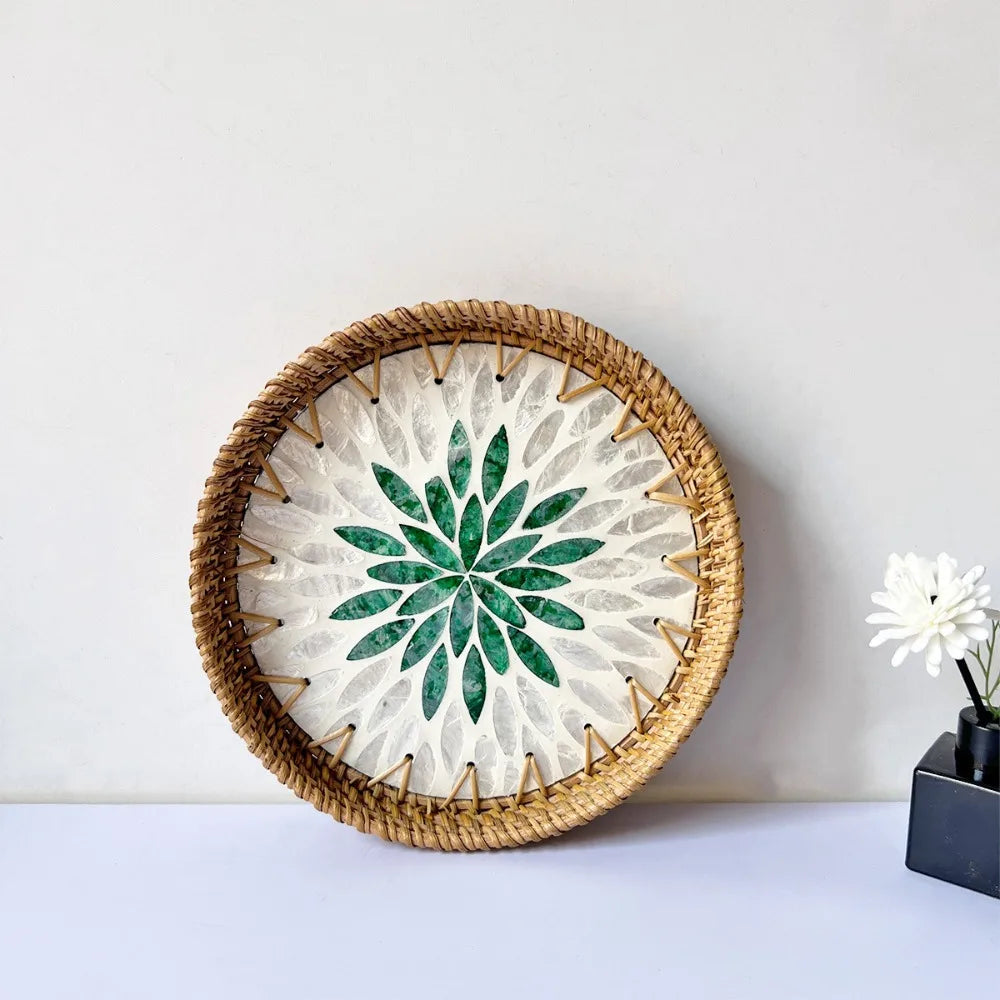 Capiz Shell Mosaic Woven Rattan Tray — Filipino-Inspired Wall & Serving Décor