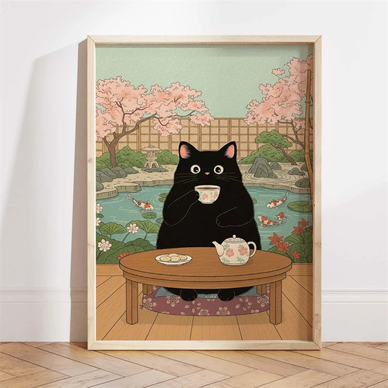 Japanese Ukiyo-e Style Funny Black Cat Bathroom Poster Print Canvas Painting Wall Art Picture for Kitchen Bathroom Home Decor
