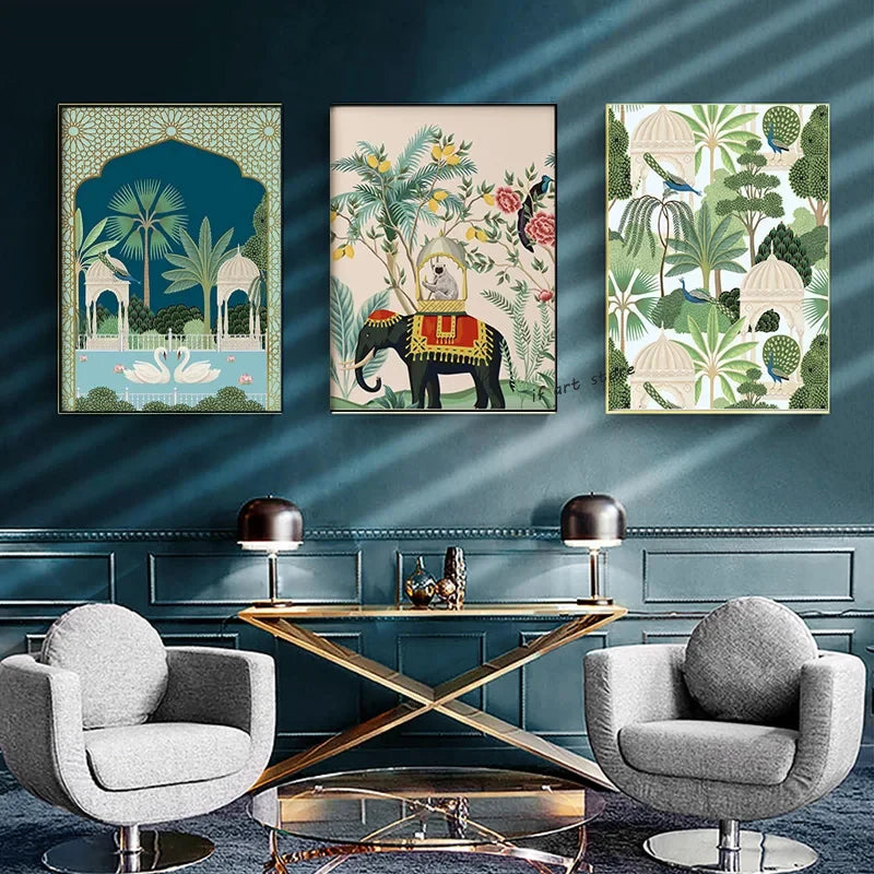 Royal Peacock & Elephant Canvas Print — Indian Wall Art