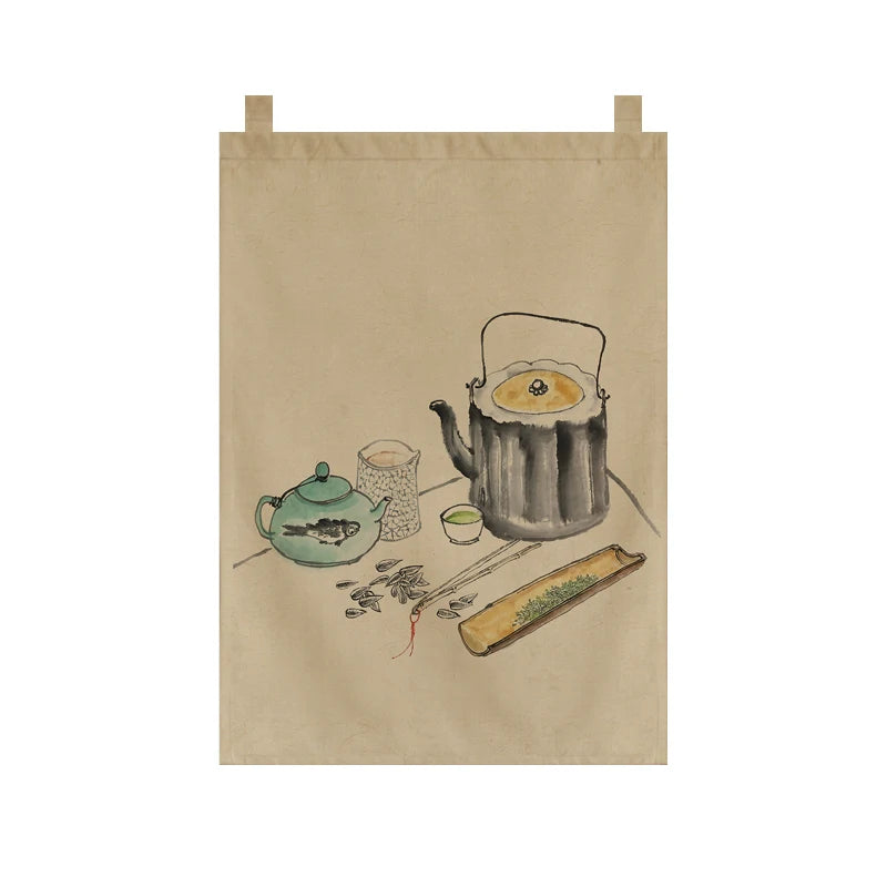 Japanese Tea Room Noren Curtain — Koi Fish & Kanji Calligraphy Panel Set
