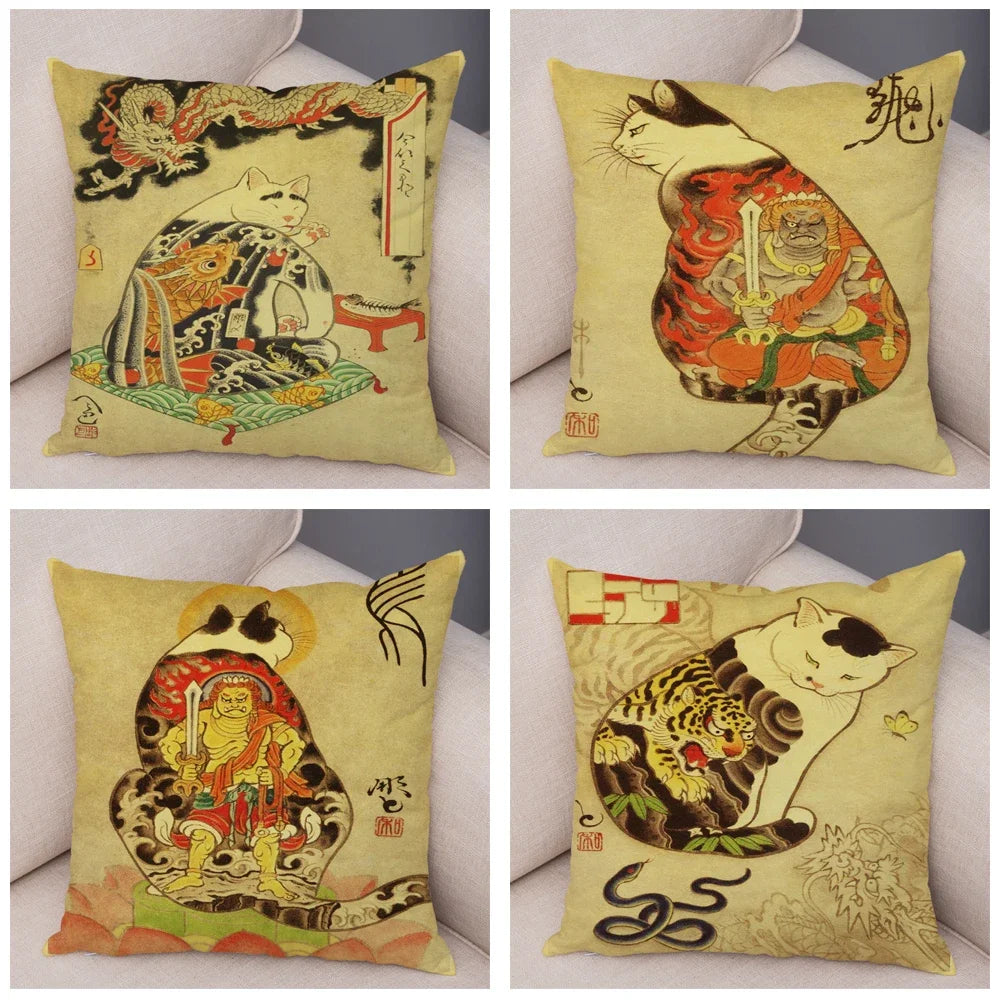 Vintage Japanese Samurai Cat Tattoo Cushion Cover Decor Retro Animal Pillowcase Sofa Home Car