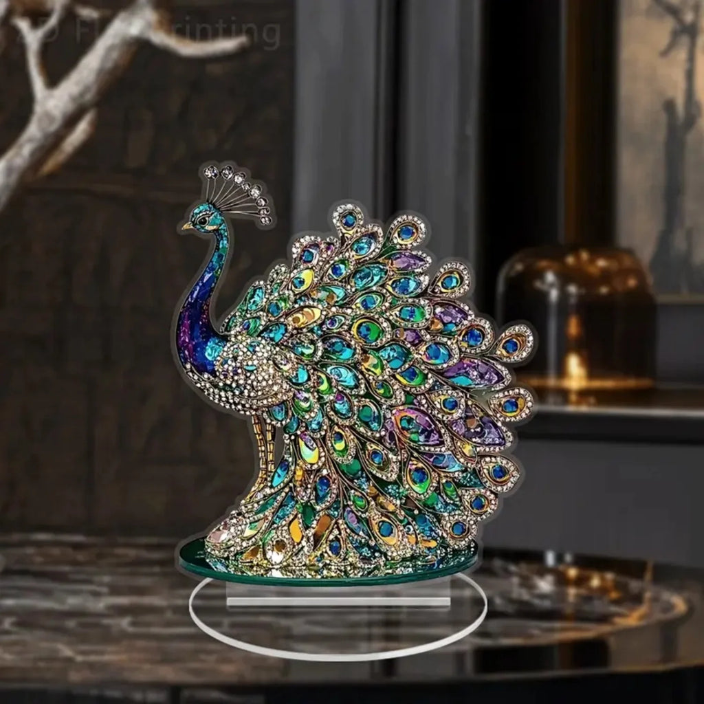 Decorative Acrylic Peacock Figurine — Jeweled Tabletop Ornament