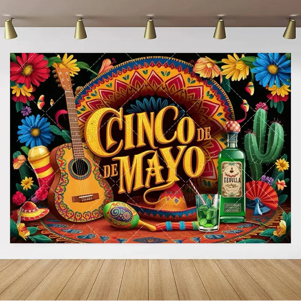 Mexican Fiesta Photo Backdrop — Cinco de Mayo Cactus & Guitar Party Banner