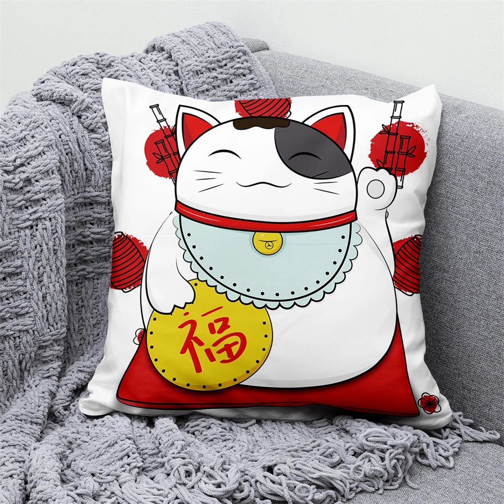 Lucky Cat Japanese Style Sofa Bed Decorative Pillow Cover Home Decor Mount Fuji  Art Cushion