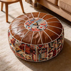 Moroccan-Style Round Ottoman Pouf Cover – Fillable Faux Leather Floor Seat, Boho Pattern Storage Stool