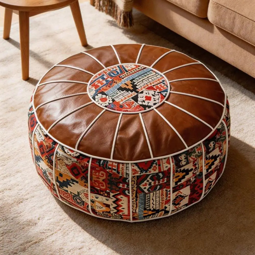 Moroccan-Style Round Ottoman Pouf Cover – Fillable Faux Leather Floor Seat, Boho Pattern Storage Stool