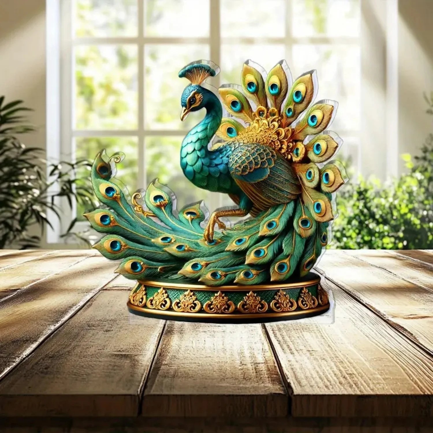 Decorative Acrylic Peacock Figurine — Jeweled Tabletop Ornament
