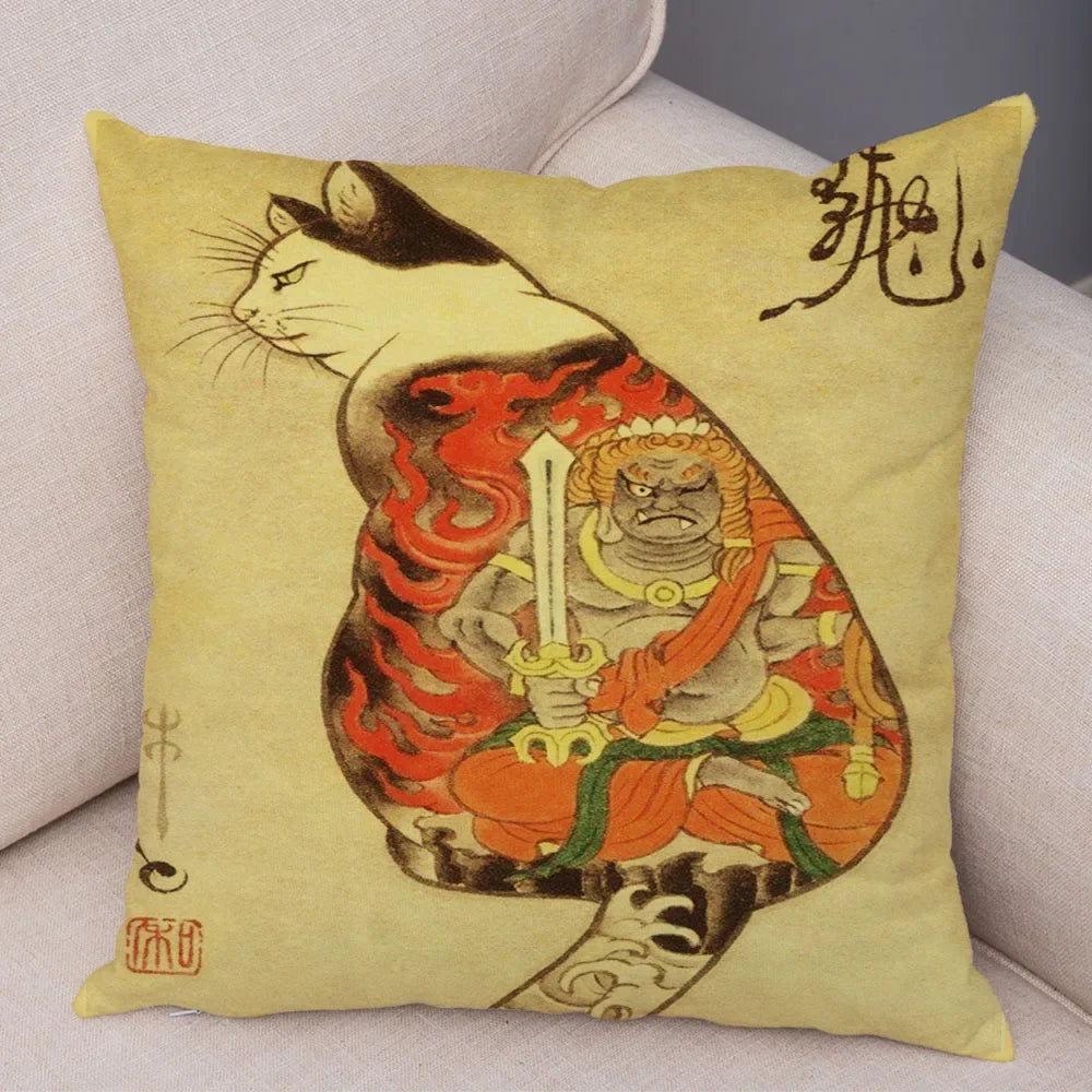Vintage Japanese Samurai Cat Tattoo Cushion Cover Decor Retro Animal Pillowcase Sofa Home Car