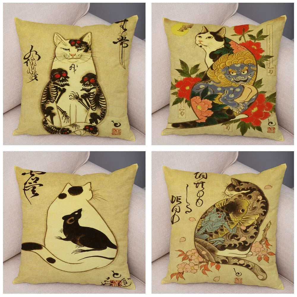 Samurai Cat Cushion Cover — Vintage Japanese Tattoo Art