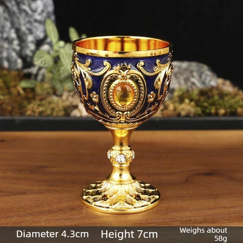 Vintage Embossed Metal Wine Goblet — Gemstone Accent Decorative Cup