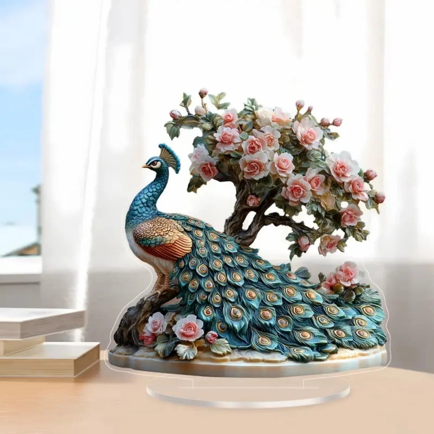 Decorative Acrylic Peacock Figurine — Jeweled Tabletop Ornament