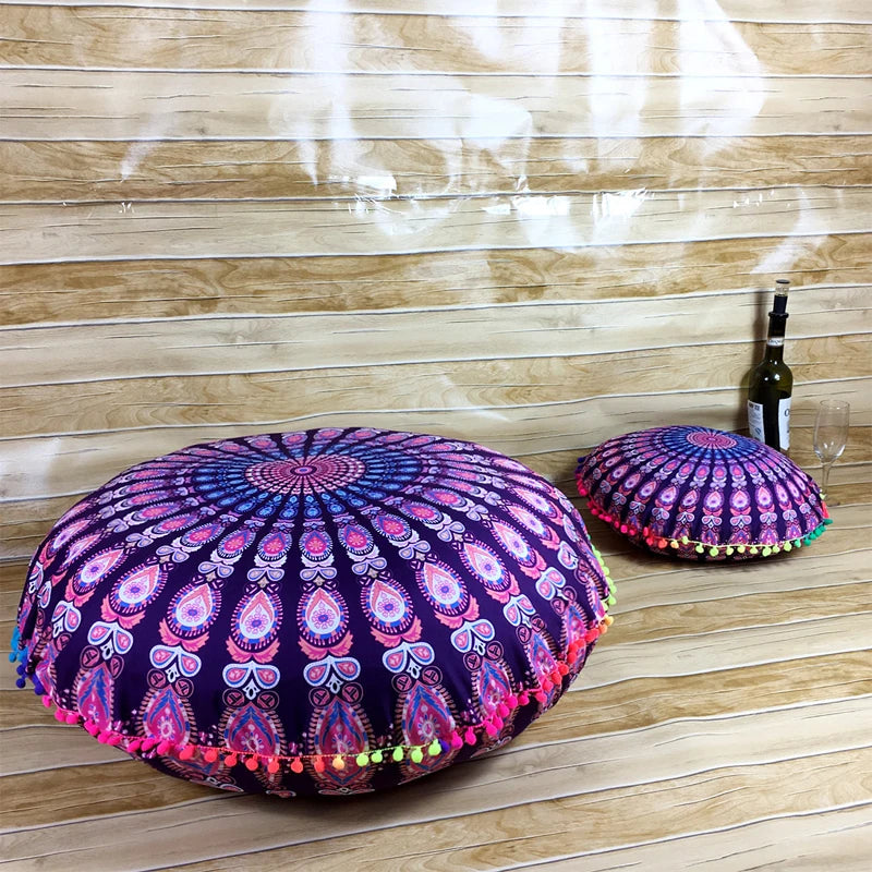 Indian Mandala Round Floor Cushion Cover — Boho Pom-Pom Pouf Cover