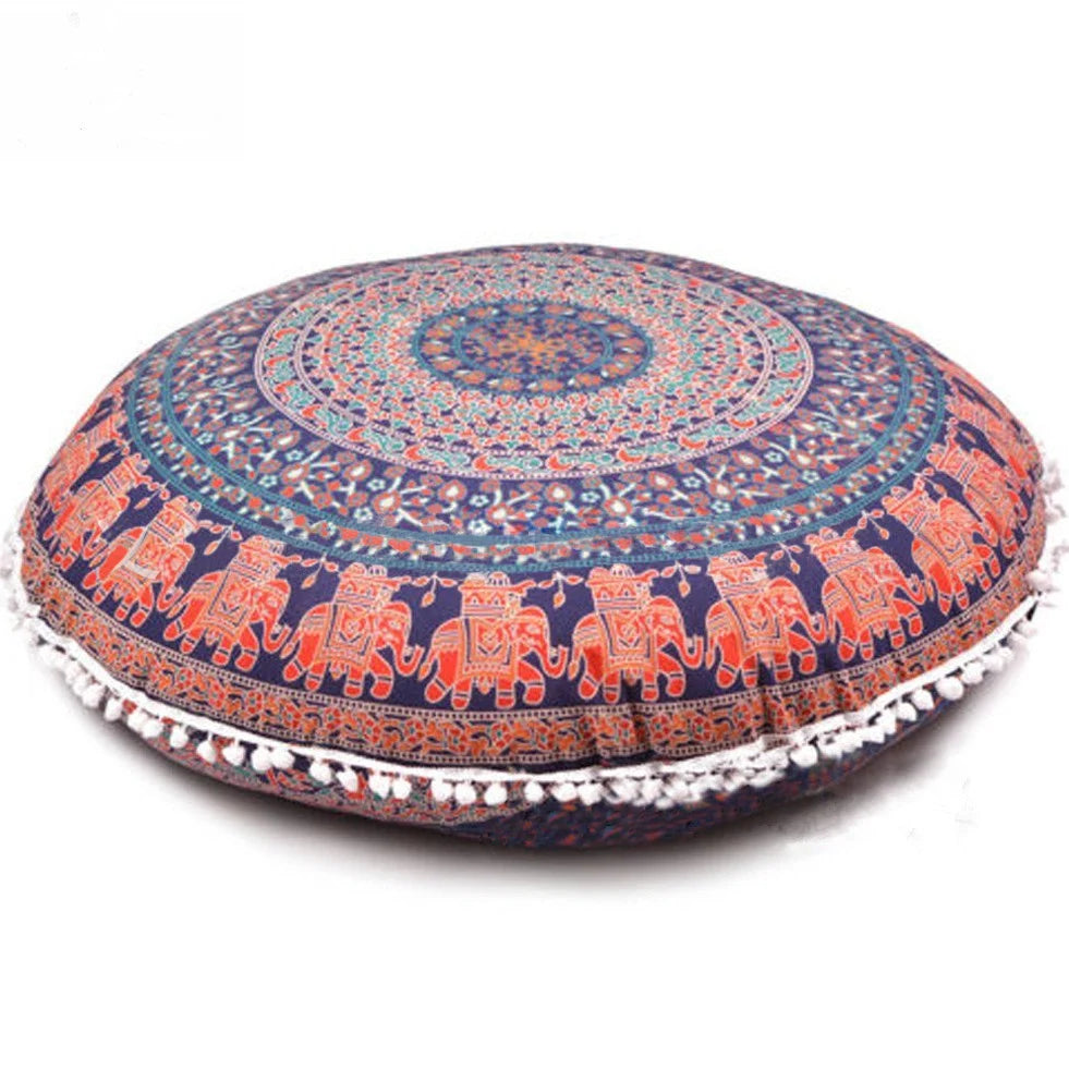 Indian Mandala Round Floor Cushion Cover — Boho Pom-Pom Pouf Cover
