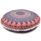 Indian Mandala Round Floor Cushion Cover — Boho Pom-Pom Pouf Cover