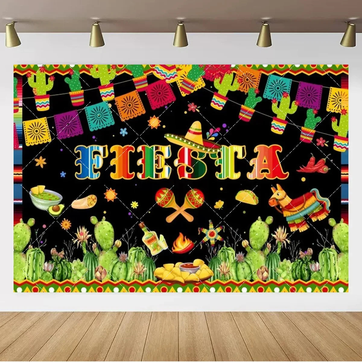 Mexican Fiesta Photo Backdrop — Cinco de Mayo Cactus & Guitar Party Banner