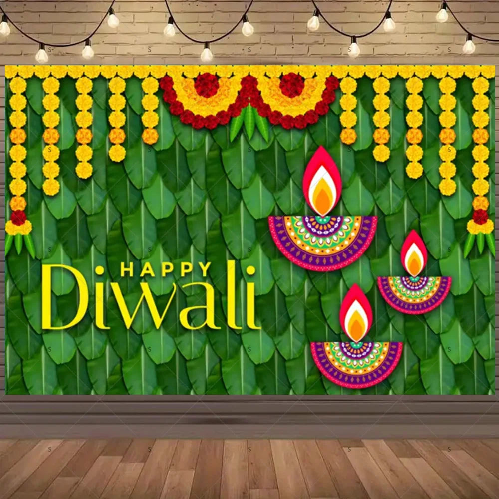 Happy Diwali Backdrop — Diya & Lotus Festival Photo Banner, 25 Designs