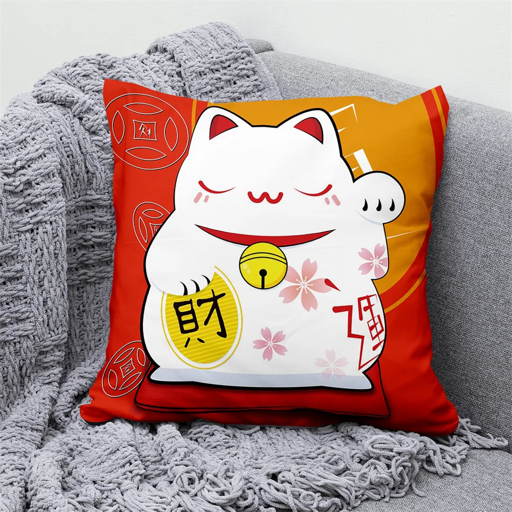 Lucky Cat & Mount Fuji Cushion Cover — Japanese Art Pillow