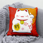 Lucky Cat & Mount Fuji Cushion Cover — Japanese Art Pillow