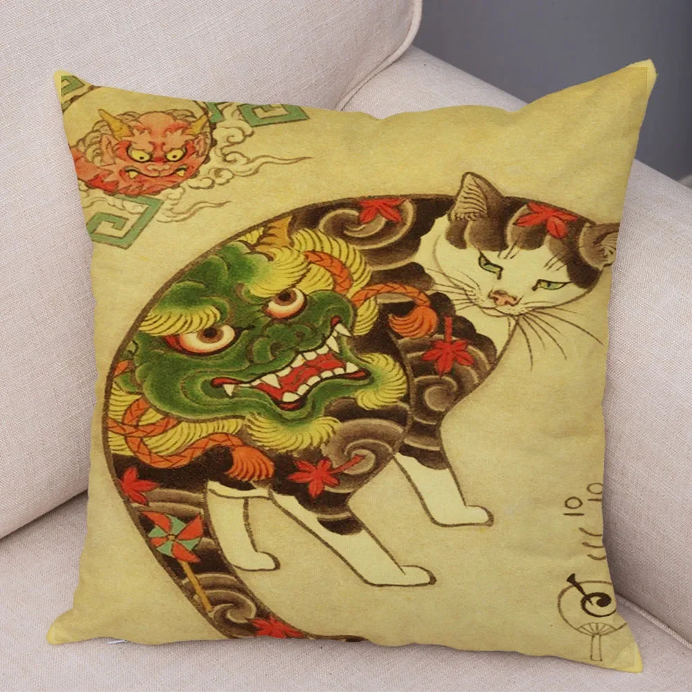 Vintage Japanese Samurai Cat Tattoo Cushion Cover Decor Retro Animal Pillowcase Sofa Home Car