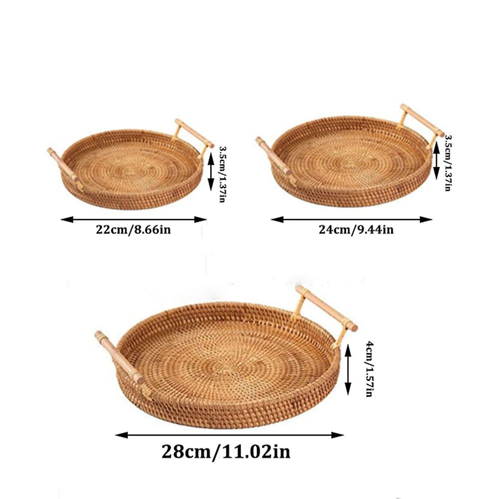 Rattan Woven Round Tray — Handcrafted Fruit & Snack Basket