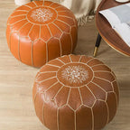 Moroccan Leather Pouf Cover — Hand-Embroidered Round Ottoman, Unstuffed