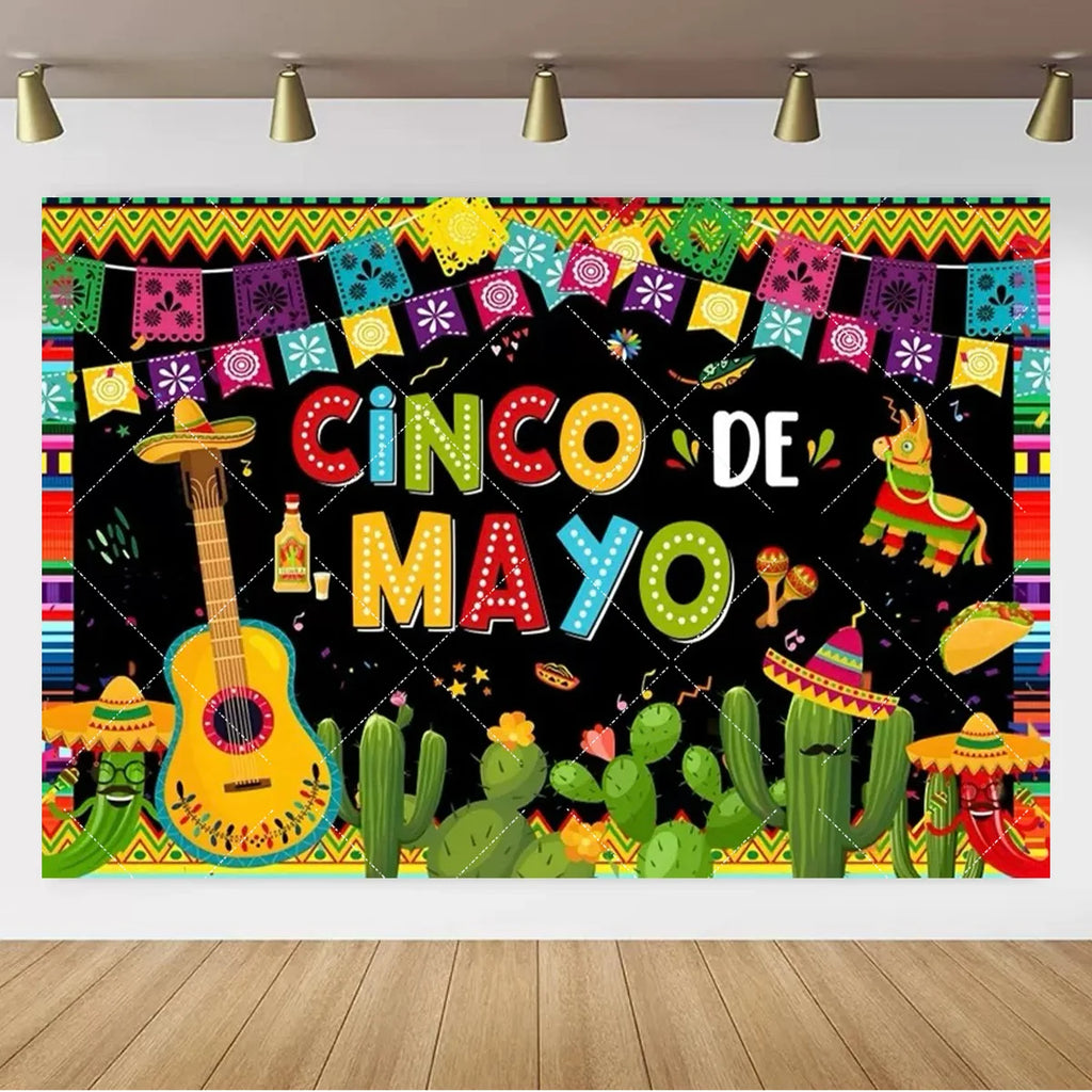 Mexican Fiesta Photo Backdrop — Cinco de Mayo Cactus & Guitar Party Banner