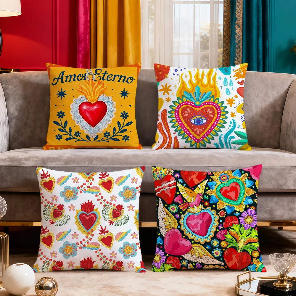 Milagro Sacred Heart Pillow Cover — Mexican Folk Art Cushion Cover