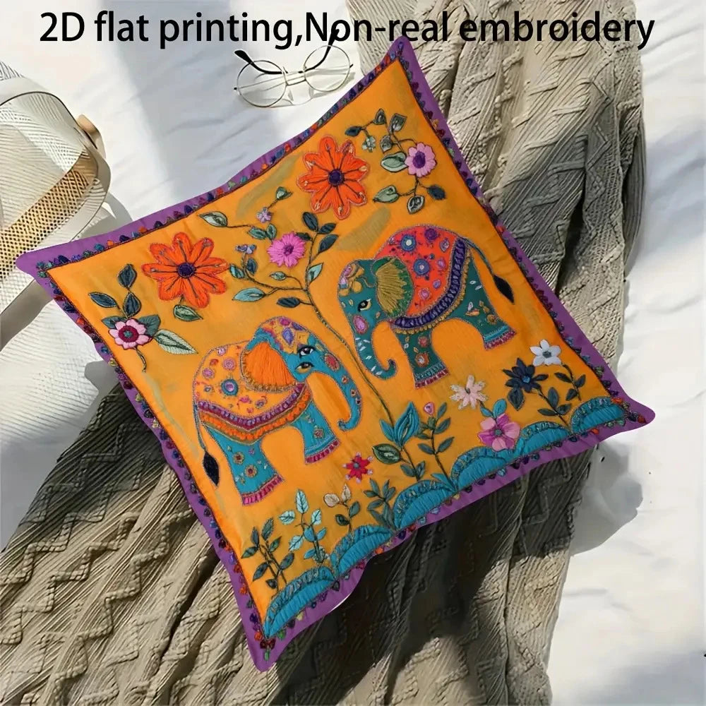 Twin Elephant Floral Cushion Cover — Bohemian Throw Pillow