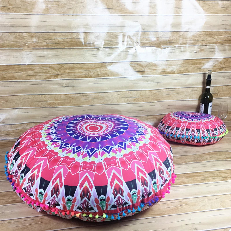 Indian Mandala Round Floor Cushion Cover — Boho Pom-Pom Pouf Cover
