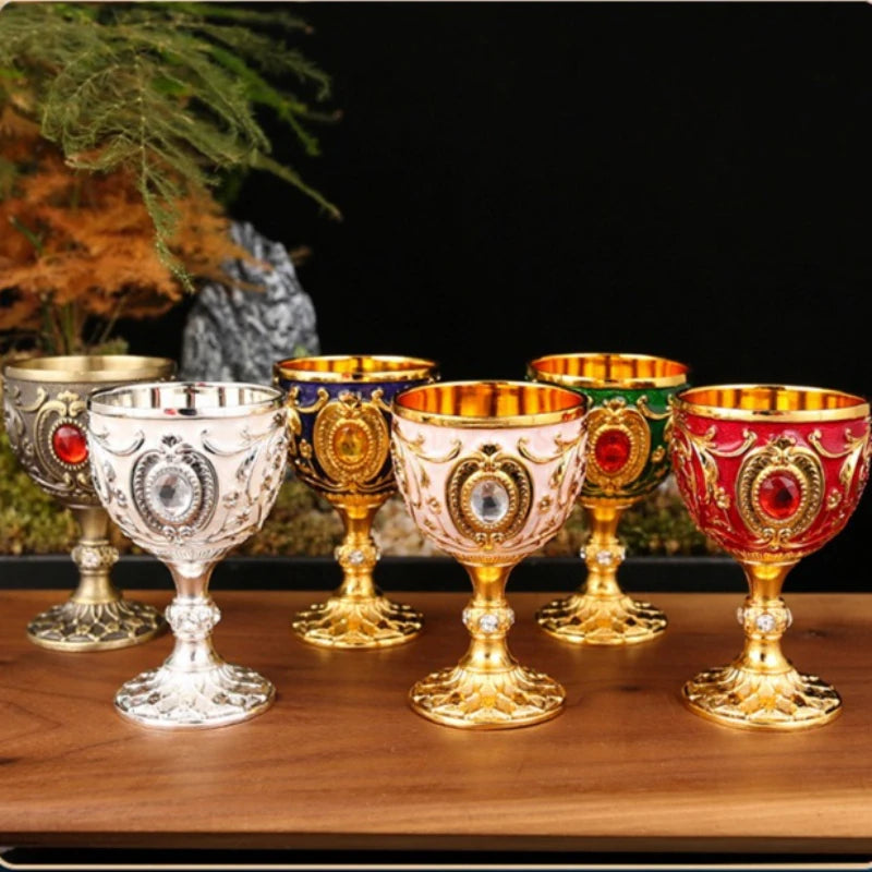 Vintage Embossed Metal Wine Goblet — Gemstone Accent Decorative Cup