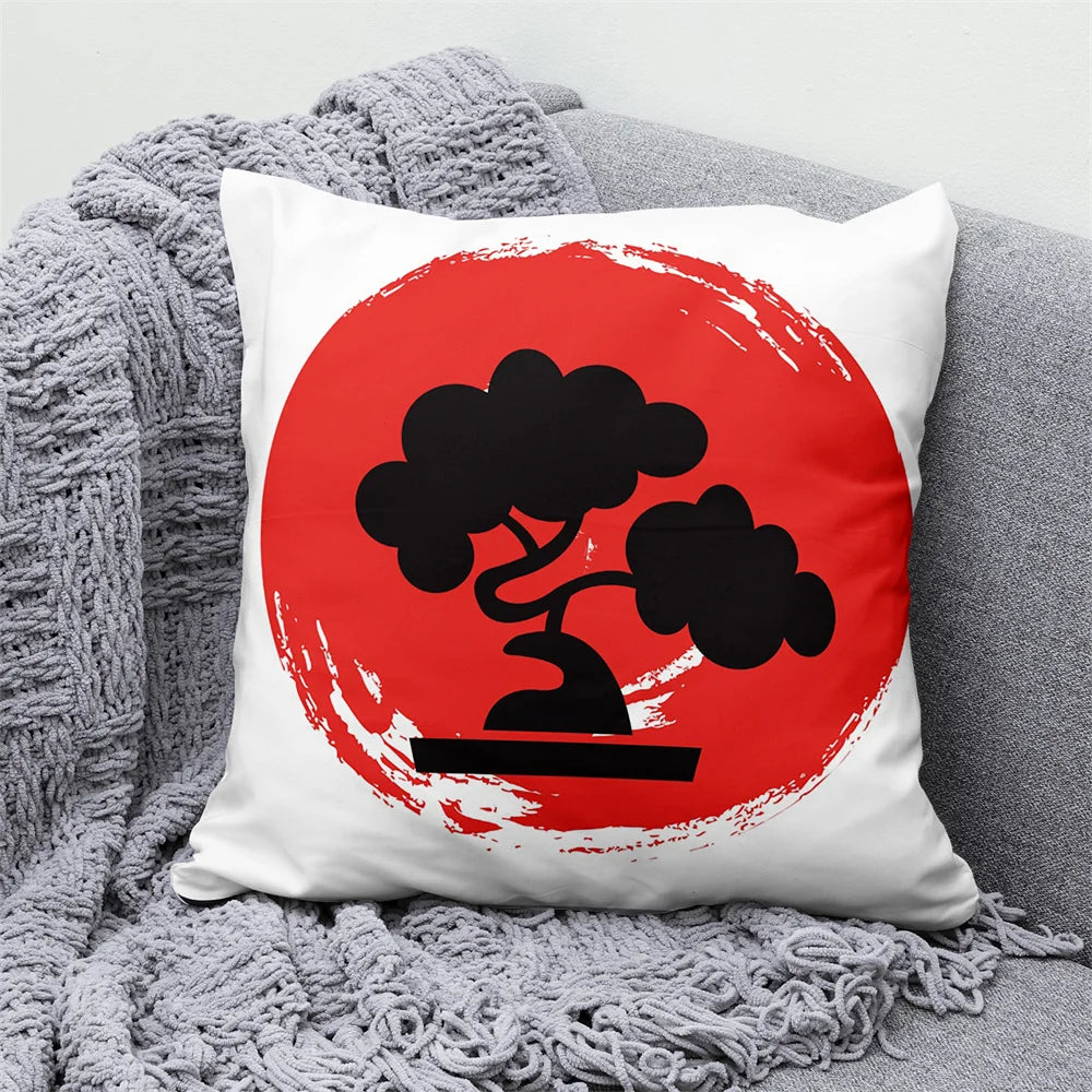 Lucky Cat & Mount Fuji Cushion Cover — Japanese Art Pillow